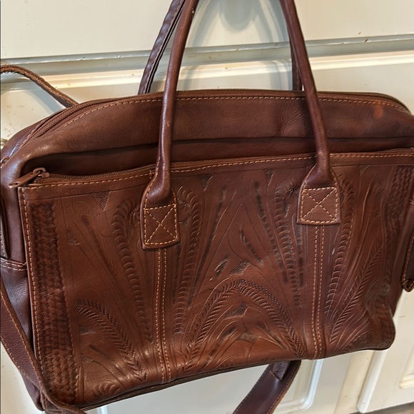 Brown Leather Satchel with Decorative Stitching and Dual Handles - Picture 1 of 9